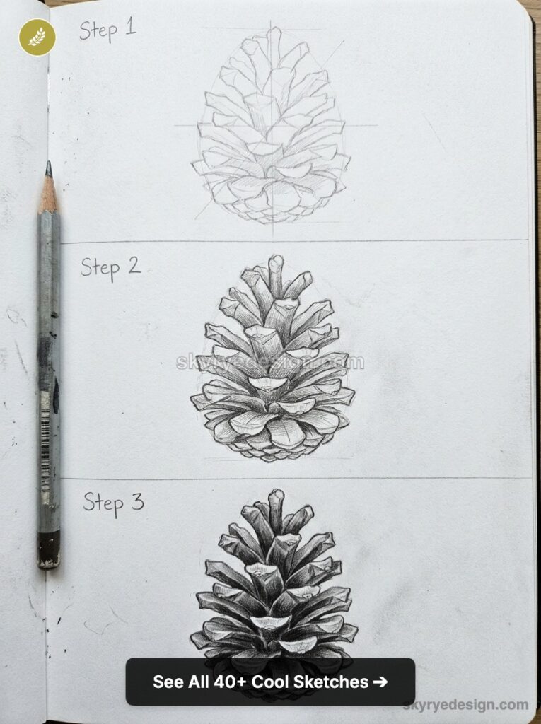 Step-by-step pencil drawing tutorial of a pinecone in a sketchbook, showing three stages with a graphite pencil at left