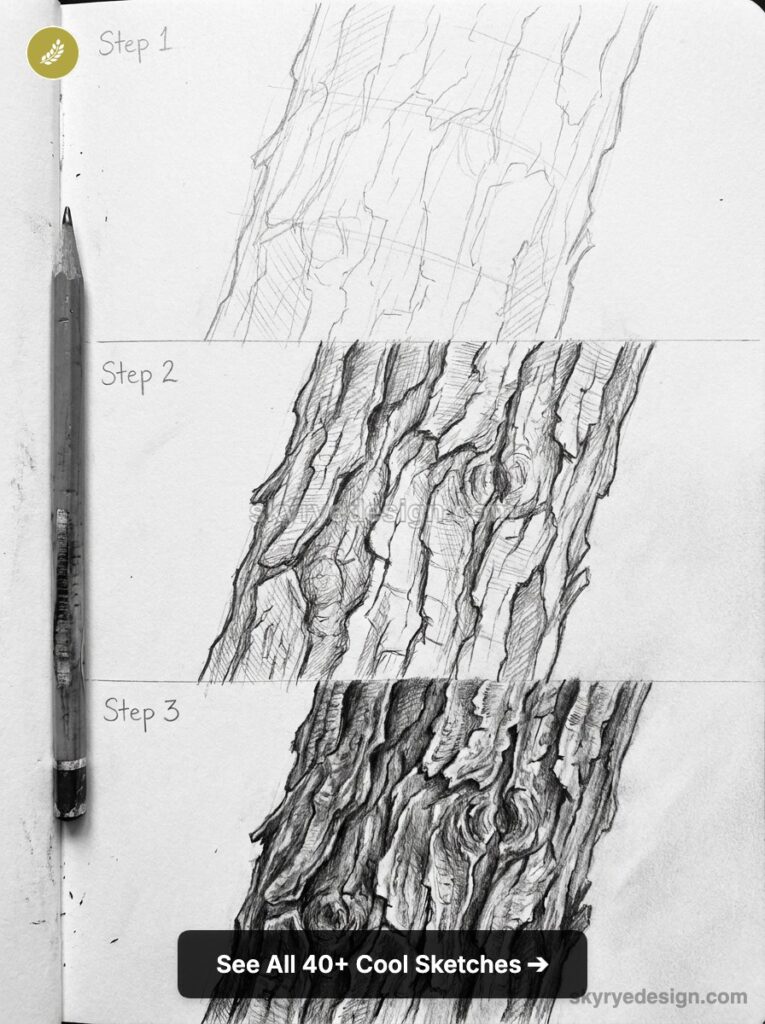 Three-step pencil drawing tutorial showing progressive detail of tree bark texture in a sketchbook.