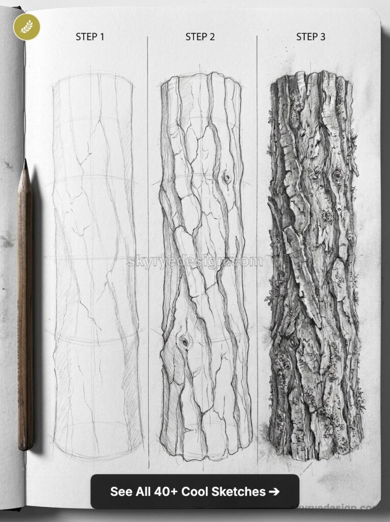Step-by-step pencil tutorial showing three stages of tree bark drawing, from light outline to highly detailed textured trunk