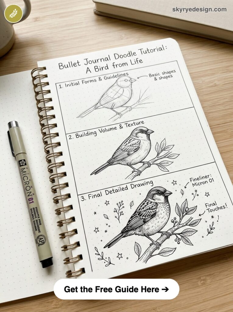Bullet journal bird drawing tutorial - step-by-step pencil and fineliner sketches in a spiral dotted notebook