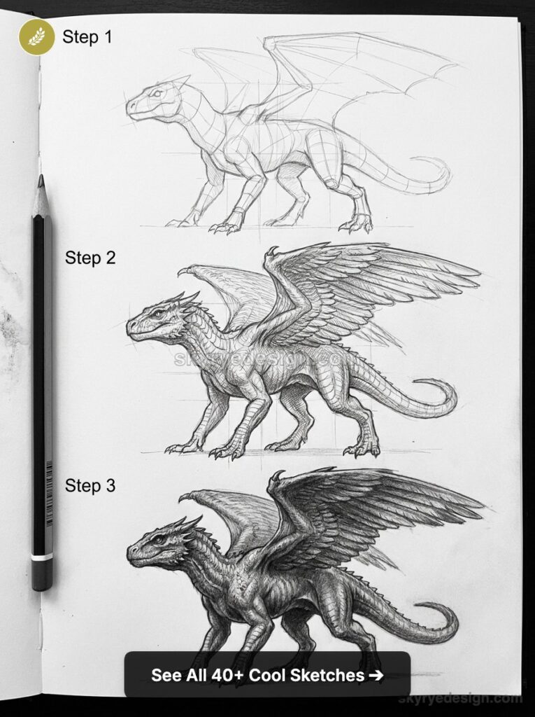 Pencil dragon drawing tutorial: three-step sketchbook process from rough outline to refined, shaded winged dragon