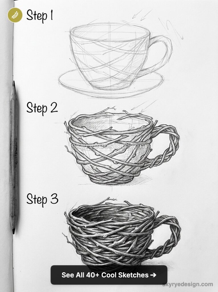 Pencil sketch tutorial: step-by-step cup drawing from basic outline to detailed twig-woven cup