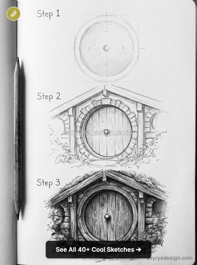 Three-step pencil sketch tutorial of a round wooden hobbit door in a stone cottage, drawn on a sketchbook