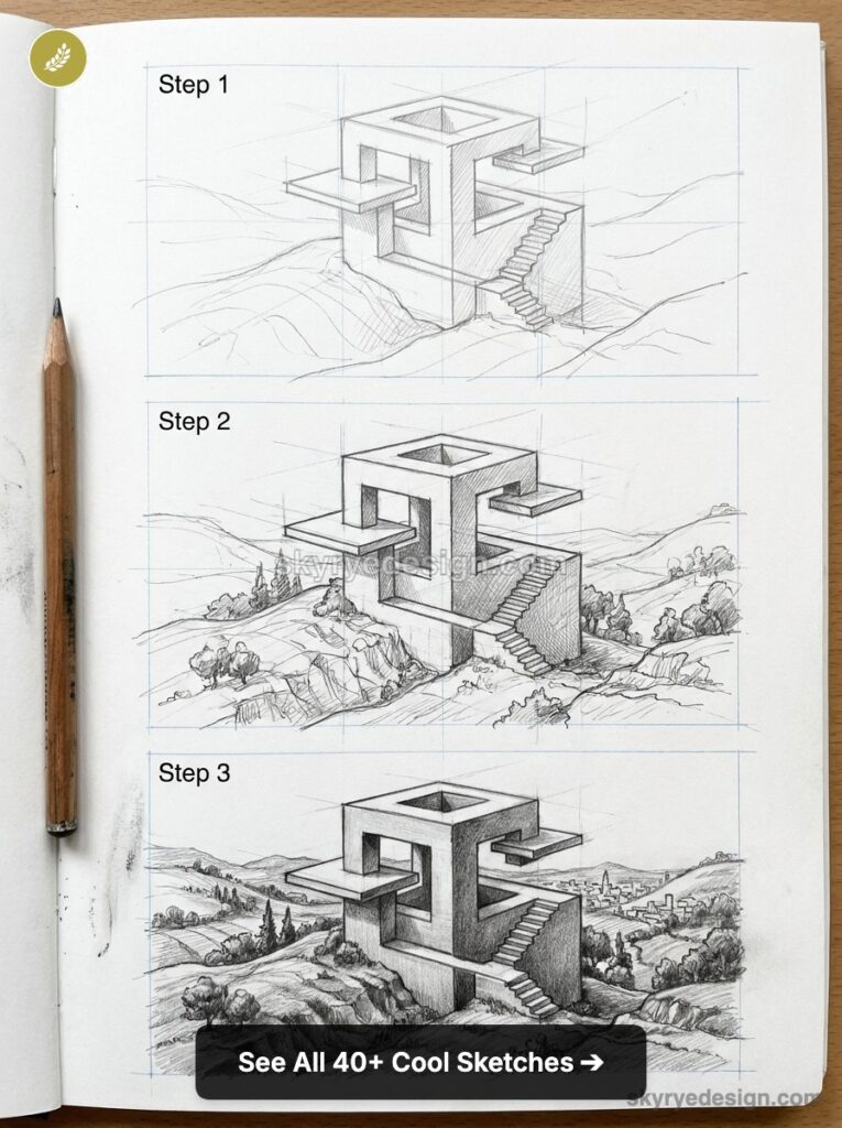 Pencil sketch tutorial: step-by-step impossible 3D cube architectural drawing with stairs on a sketchbook page
