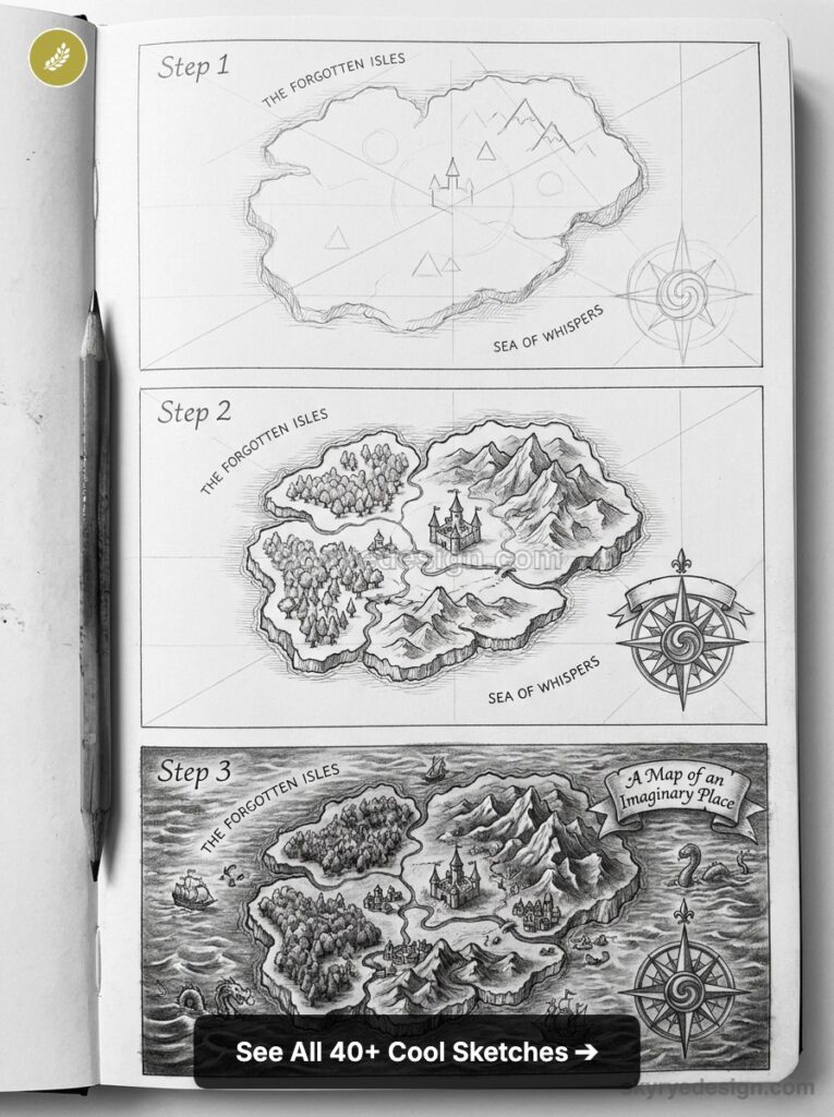Step-by-step pencil sketches of fantasy island map (The Forgotten Isles) with mountains, forests, castle and compass rose
