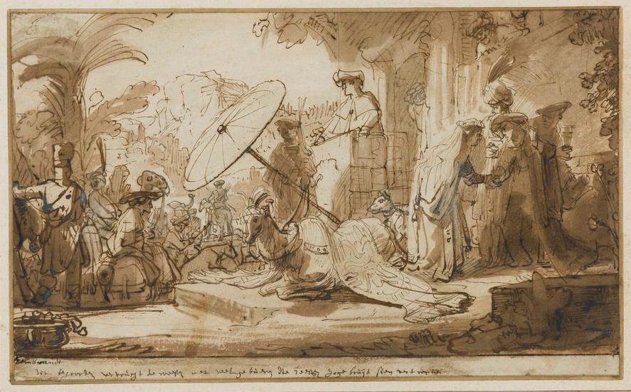 Antique ink-wash drawing of a royal procession: attendants with parasol and kneeling figures.