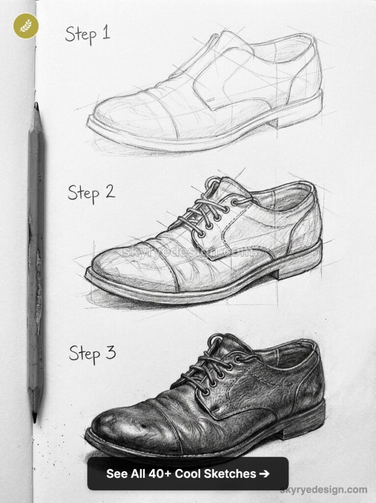 Pencil shoe sketch tutorial: three step-by-step stages of a realistic men's dress shoe drawing.