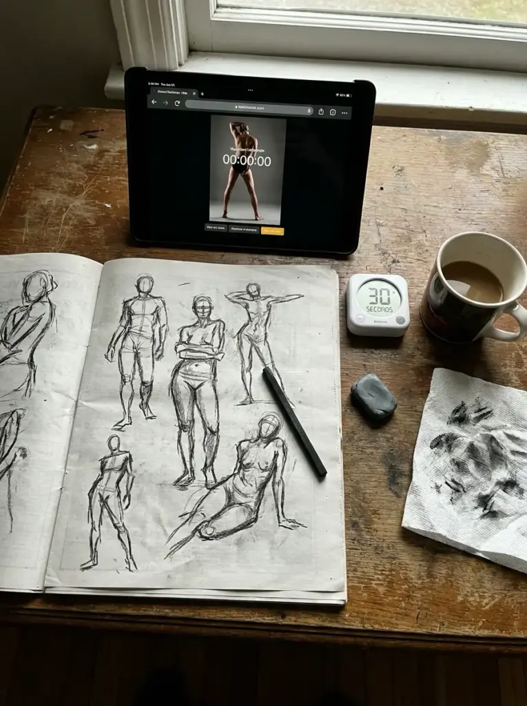 Figure drawing workspace: sketchbook with gesture sketches, tablet reference, 30s timer, charcoal, eraser and coffee.