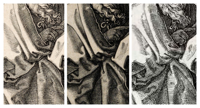 Triptych close-up of antique engraving showing draped fabric folds and curled hair in three tonal variations.