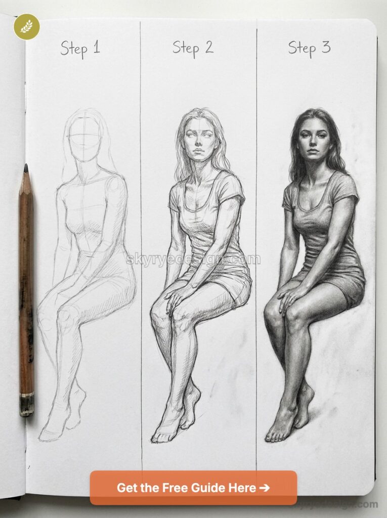 Three-step pencil drawing progression of a seated woman from rough outline to fully shaded realistic figure, pencil beside.