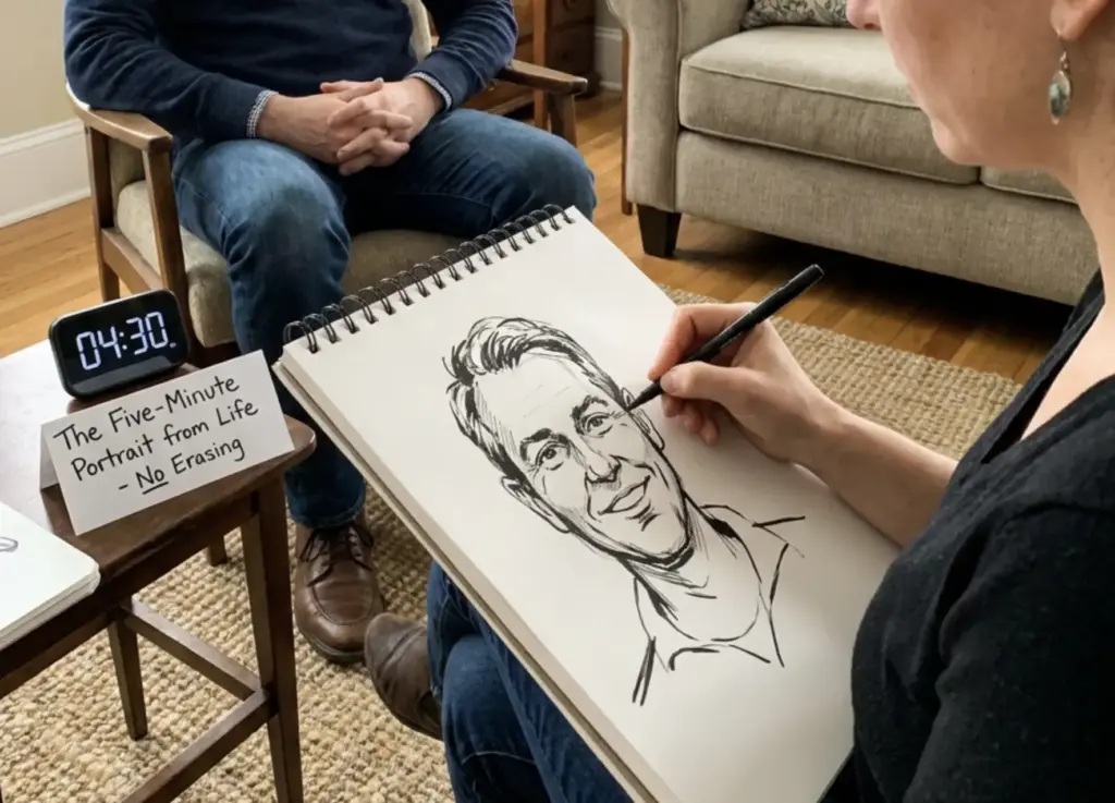 Artist sketching a live male portrait in marker, five-minute timer on table and sign reading No Erasing.