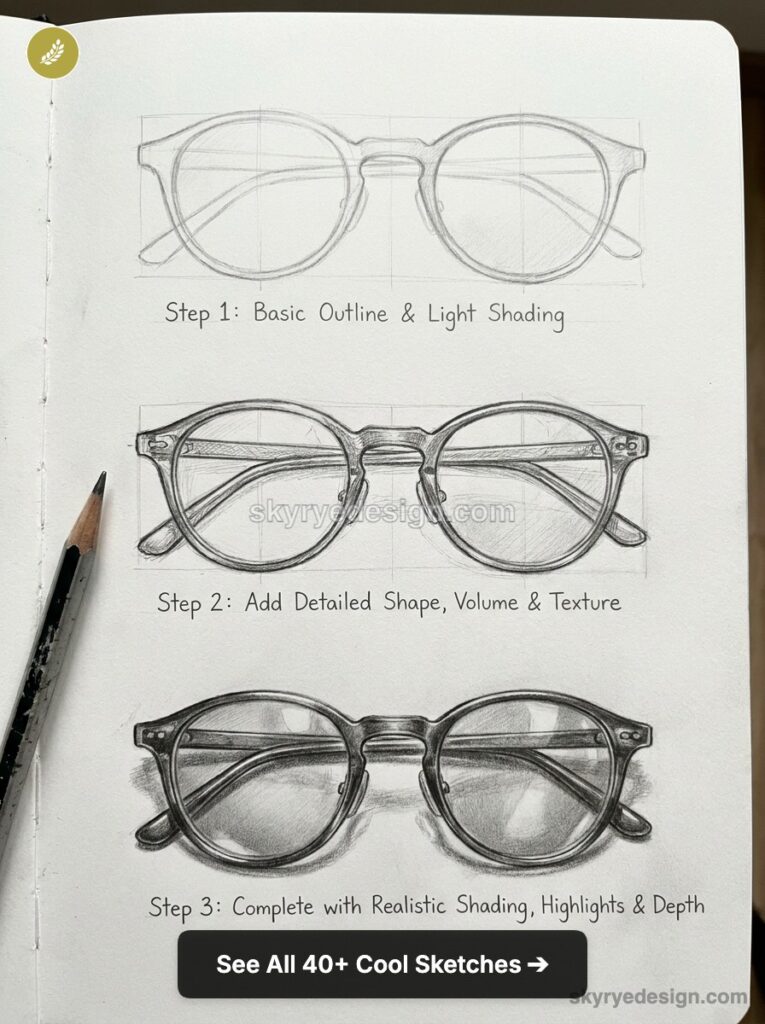 Three-step pencil sketch tutorial of round eyeglasses: outline, detailed shape, and realistic shaded rendering