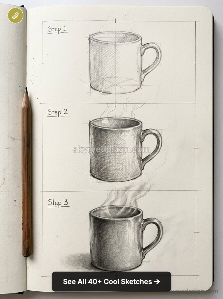 Step-by-step pencil sketch tutorial of a steaming coffee mug in a sketchbook with pencil at left