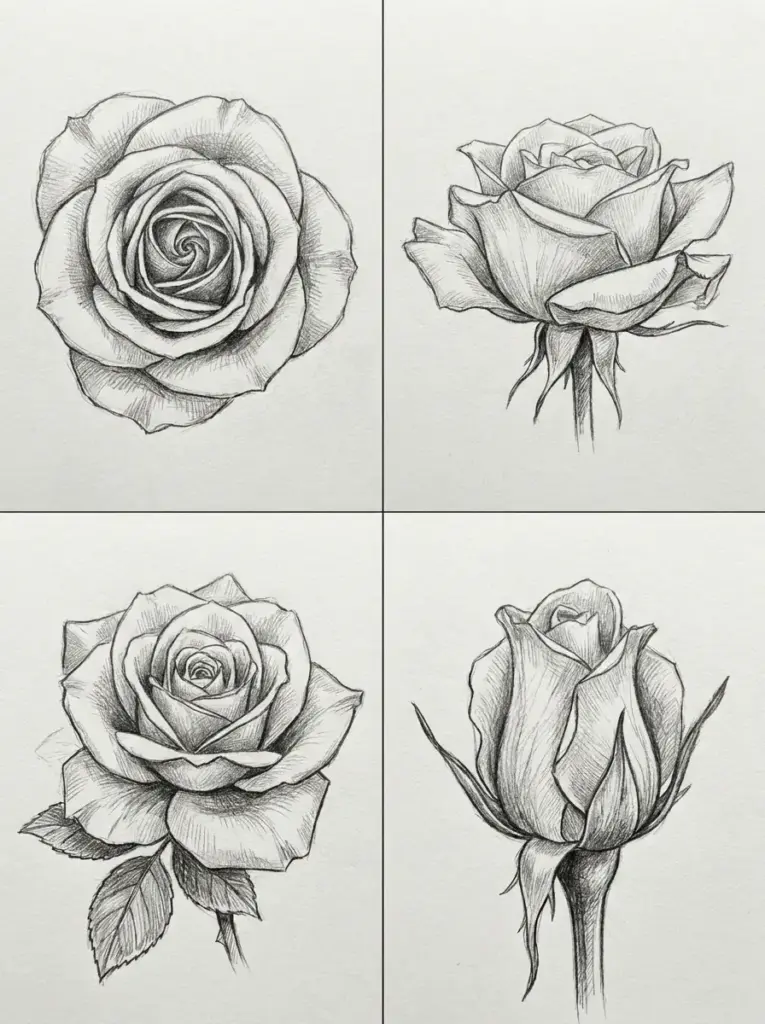 Hand-drawn pencil rose sketches, set of 4 botanical illustrations showing different angles and bloom stages