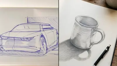 Split sketchbook: blue pen car concept on left, graphite mug study with pencil on right