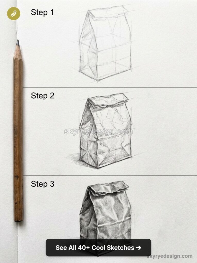 Step-by-step pencil sketch tutorial of a crumpled paper bag: Step 1 geometric, Step 2 shaded, Step 3 detailed