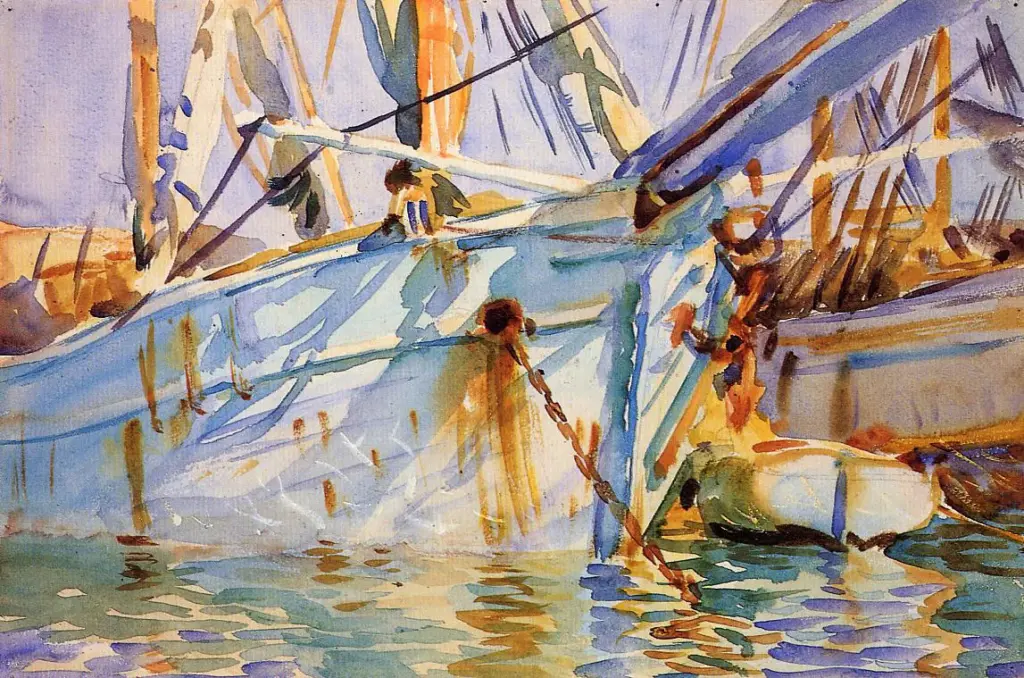 Watercolor painting of moored boats and rusted chains in a sunlit harbor, colorful reflections on rippling water