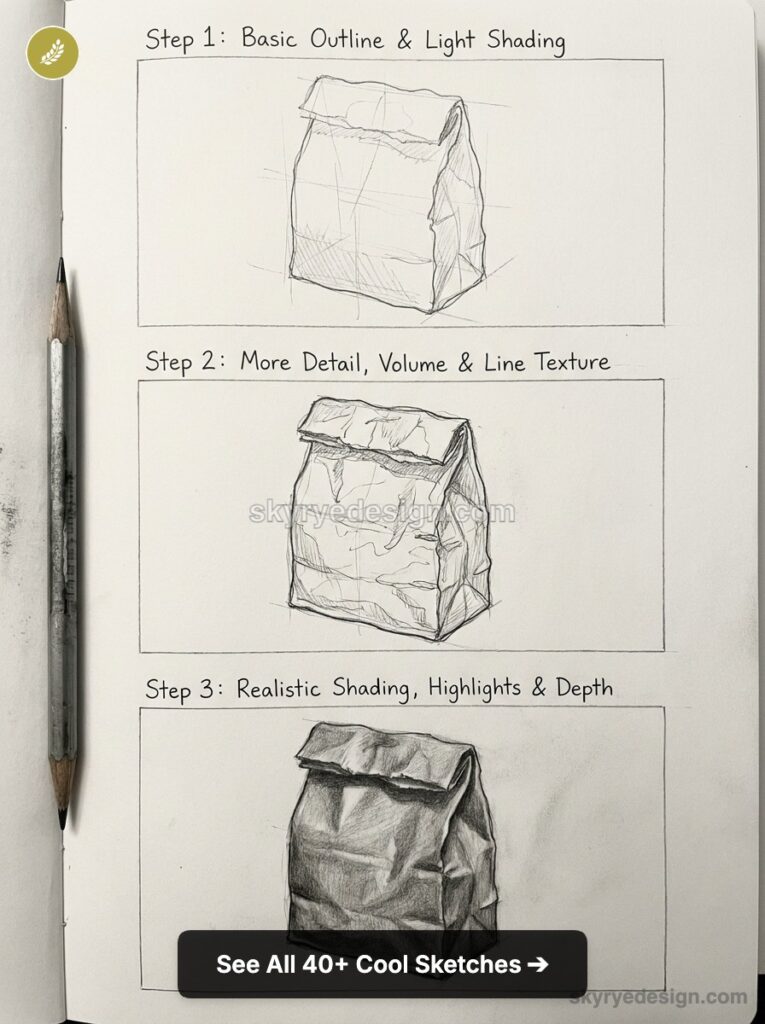 Step-by-step pencil sketch tutorial of a crumpled paper bag showing outline, mid-detail, and realistic shading.
