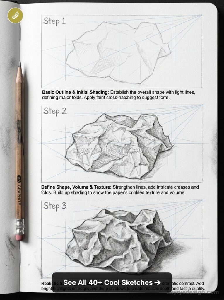 Notebook page with a three-step rock drawing tutorial: Step 1 light outline and initial shading; Step 2 define shape and texture with stronger lines; Step 3 fully shaded, realistic rock with depth and contrast.
