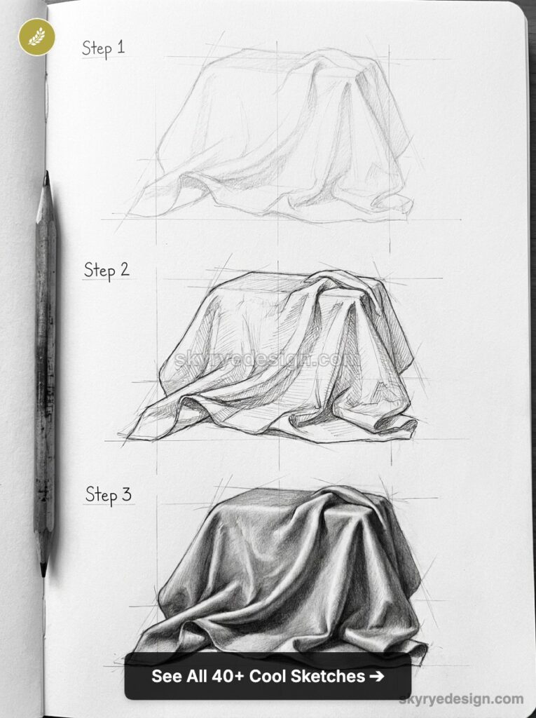 Step-by-step pencil tutorial of draped cloth: three stages from rough sketch to detailed shaded drapery, pencil at left.
