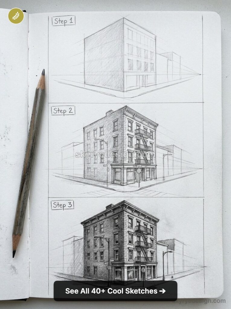 Three-step pencil sketch tutorial of a multi-story urban building in perspective on a sketchbook page with a pencil