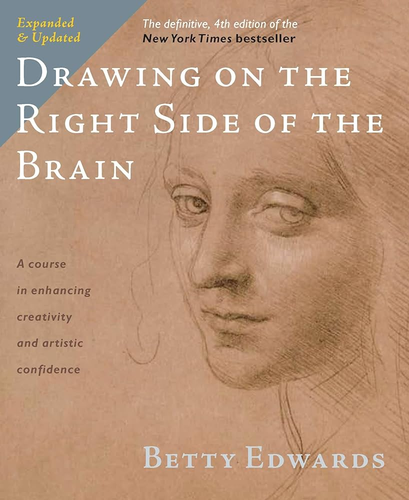 Book cover: Drawing on the Right Side of the Brain by Betty Edwards — pencil portrait on tan background