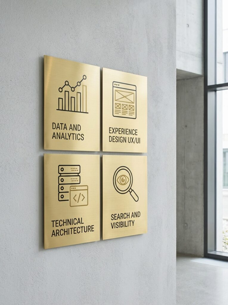 Four gold plaques on concrete wall: Data & Analytics, Experience Design UX/UI, Technical Architecture, Search and Visibility