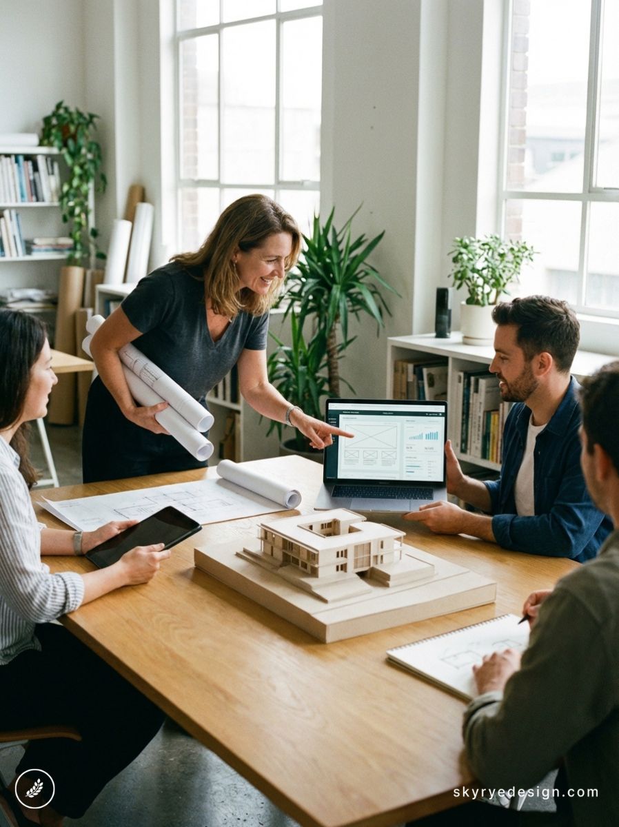 Architects collaborating around table with wooden house model, blueprints and laptop displaying design plans