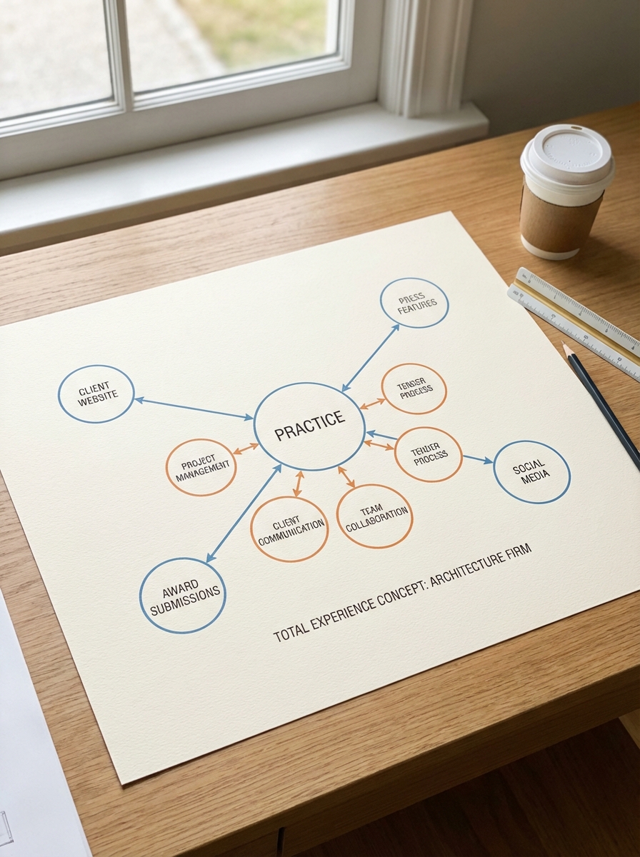 Top-down photo of architecture firm Practice mind map on desk with pencil, ruler and coffee cup