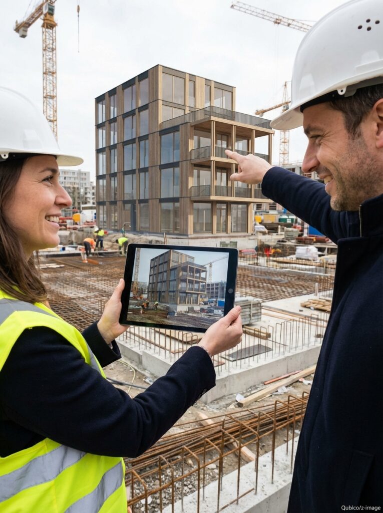 Construction managers review 3D timber building render on tablet at active urban construction site with cranes