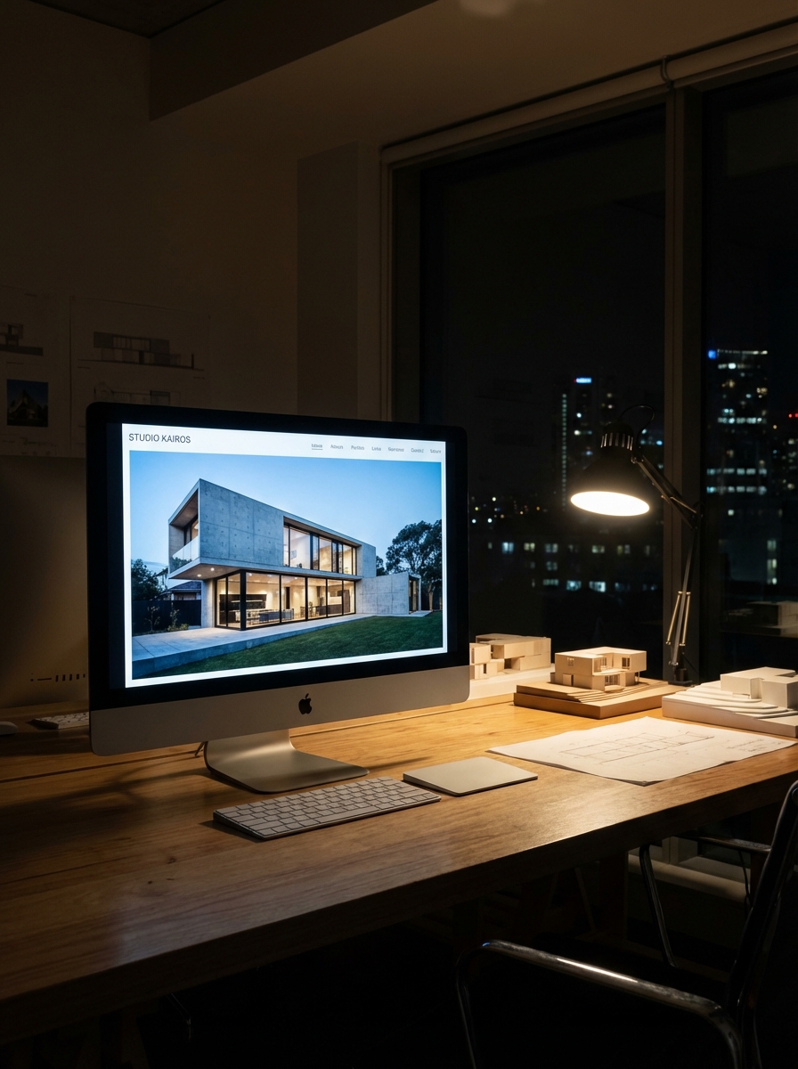 Architect workspace at night: iMac displaying modern house design, scale models, blueprints, illuminated desk lamp