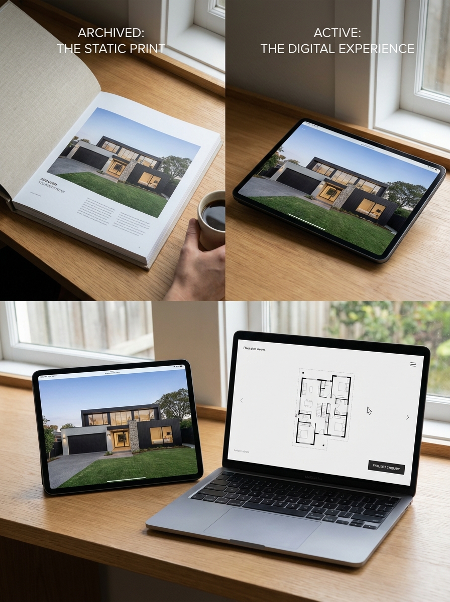 Architecture print vs digital: tablet and laptop display modern house photos and floorplan beside printed book.