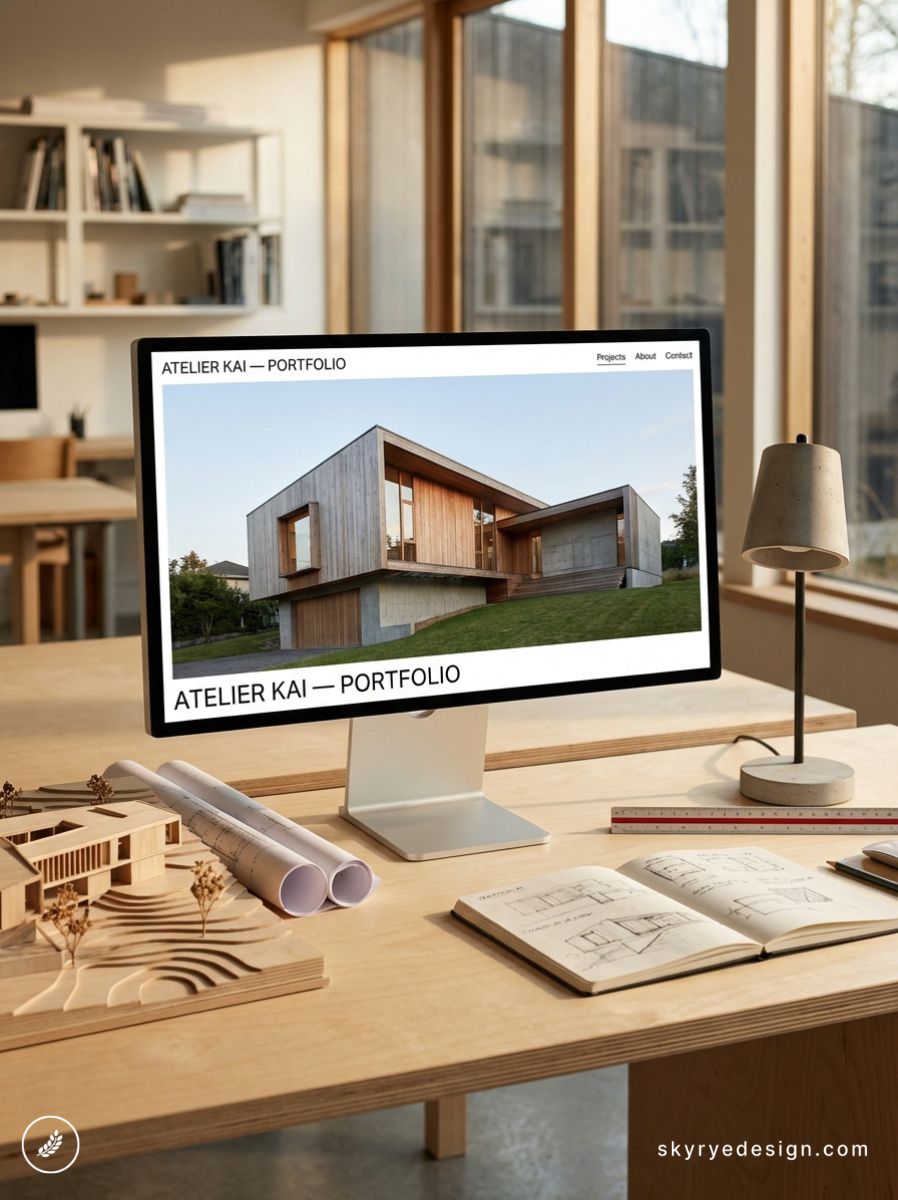 Architecture studio desk with monitor showing Kai portfolio of modern wood house, scale model, blueprints and sketches