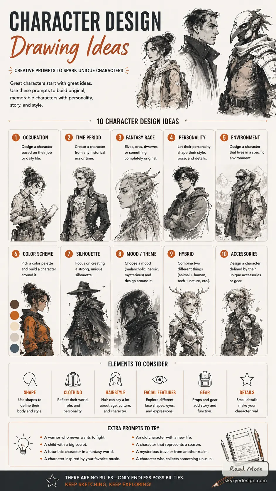 character-design-ideas-231 Infographic: Character Design Drawing Ideas — 10 prompts, sketches, tips and elements to create original characters | Sky Rye Design Infographic: Character Design Drawing Ideas — 10 prompts, sketches, tips and elements to create original characters