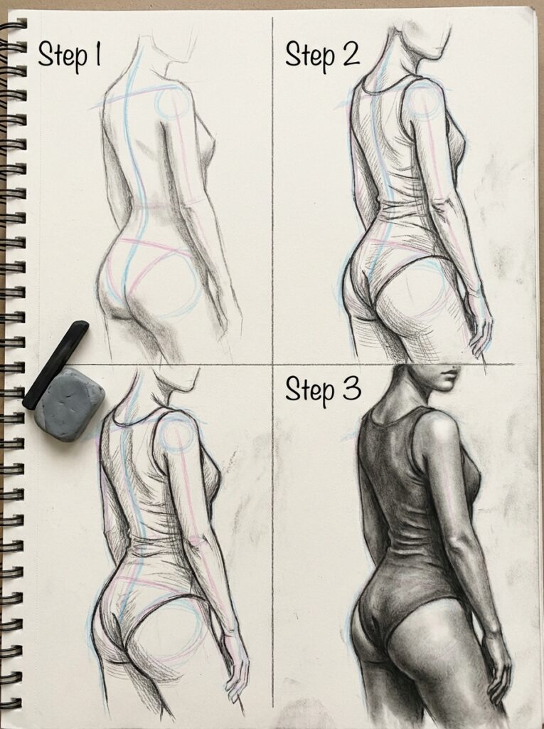 Four-panel figure drawing tutorial showing step-by-step from gesture lines to charcoal rendering of female back and hips.