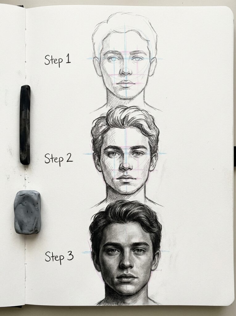 Three-step pencil portrait tutorial of a young man's face, from basic construction lines to refined realistic shading.