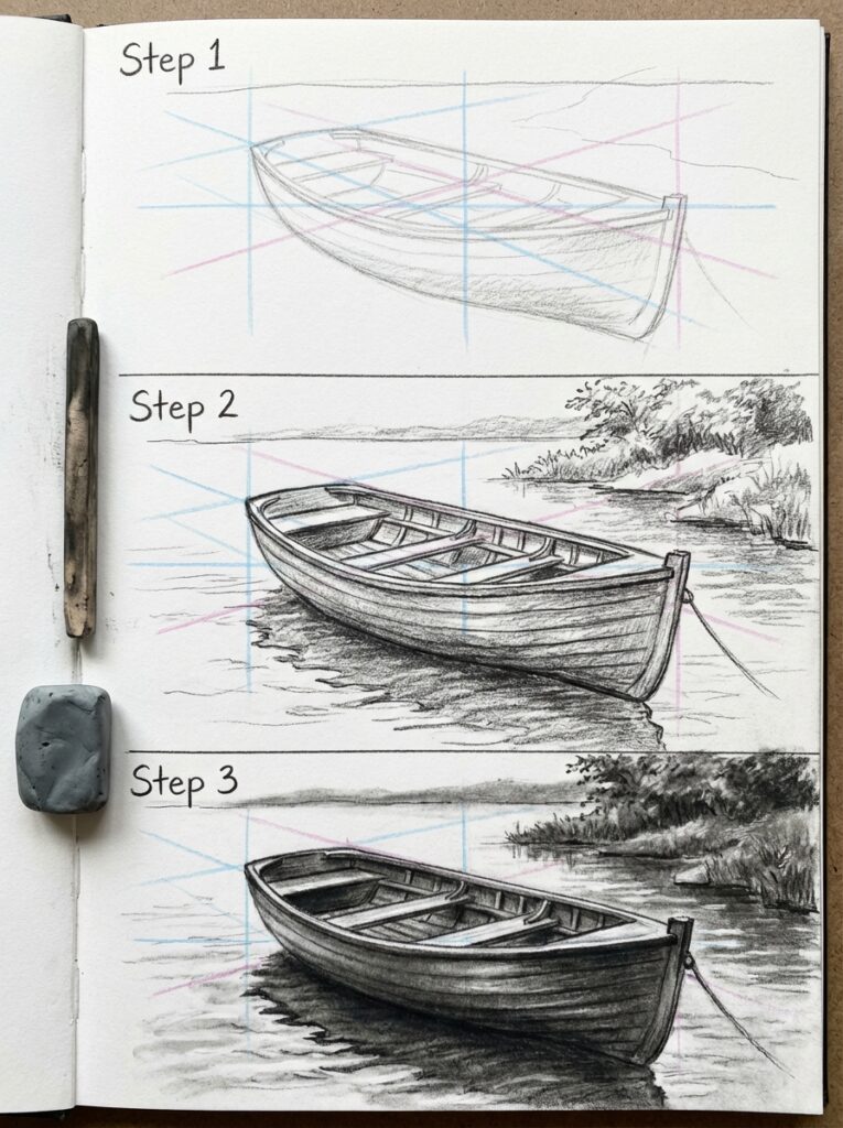 Pencil tutorial: three-step sketch of a wooden rowboat in a sketchbook, eraser and blending stump.