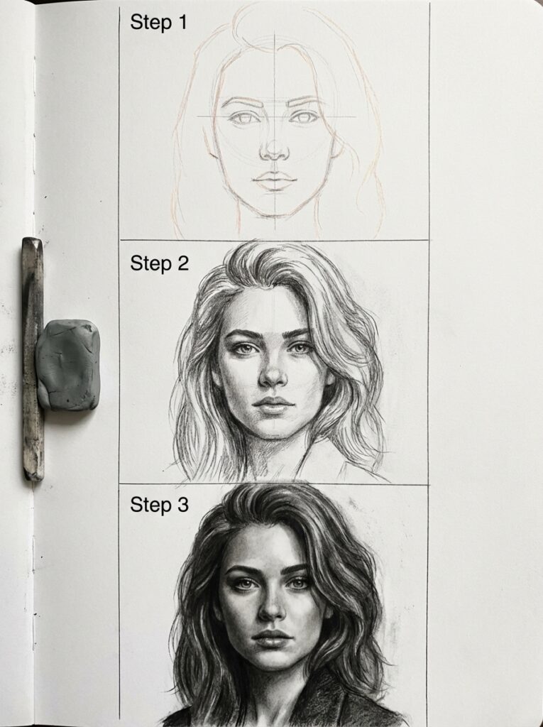 Three-step pencil portrait tutorial: step 1 sketch, step 2 shaded portrait, step 3 final realistic female face