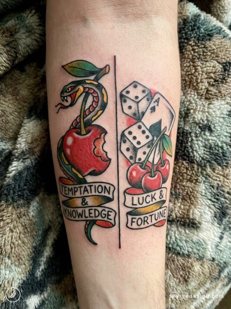 Forearm split tattoo: snake in bitten apple, banner Temptation & Knowledge; dice, ace, cherries, Luck & Fortune.