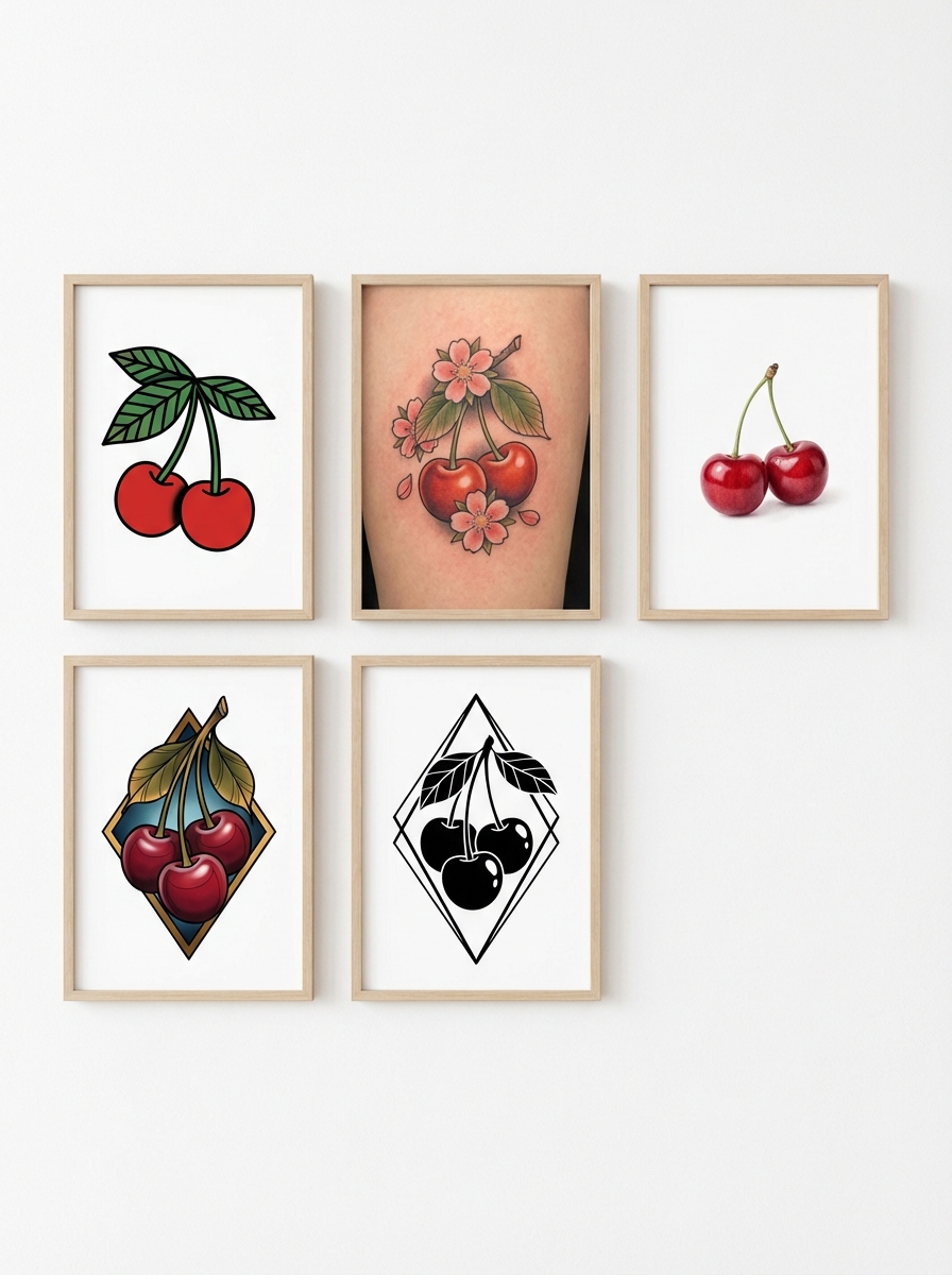 Five framed cherry art prints and a cherry tattoo on white wall, featuring realistic and stylized cherry illustrations