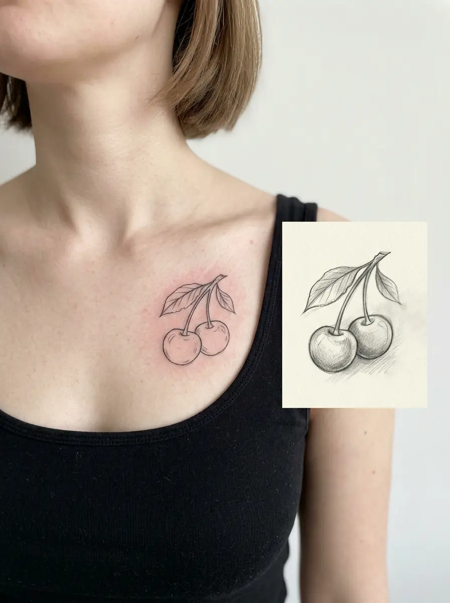 Fine-line cherry tattoo with leaves on woman's upper chest/collarbone, shown with pencil sketch reference