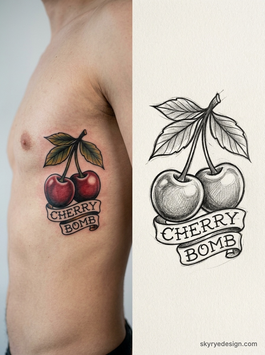 Side-by-side cherry 'Cherry Bomb' rib tattoo and pencil sketch — red cherries, green leaves, vintage banner design