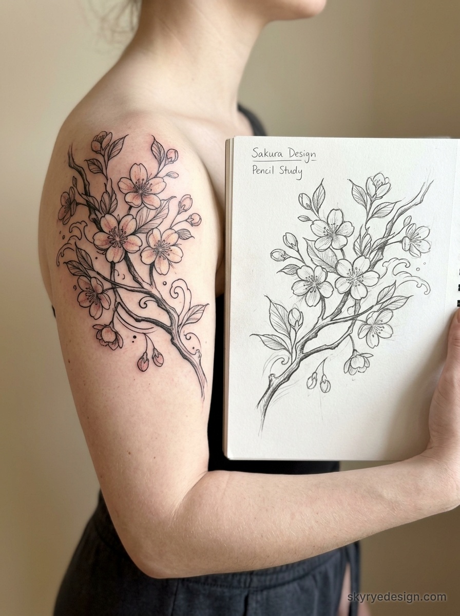 Close-up of upper-arm cherry blossom tattoo with matching pencil sketch in sketchbook, sakura branch floral design