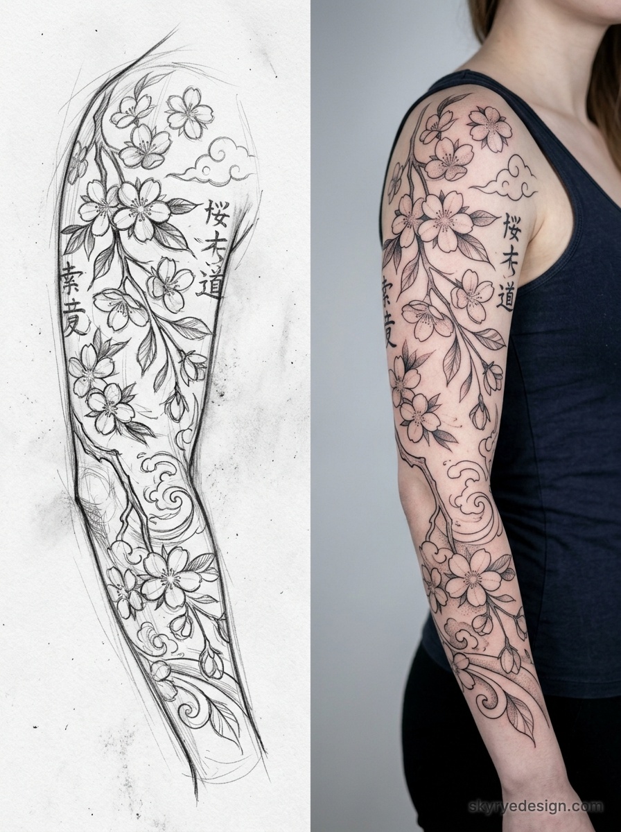 Japanese cherry blossom sleeve tattoo in black ink on woman's arm with sakura branches and kanji