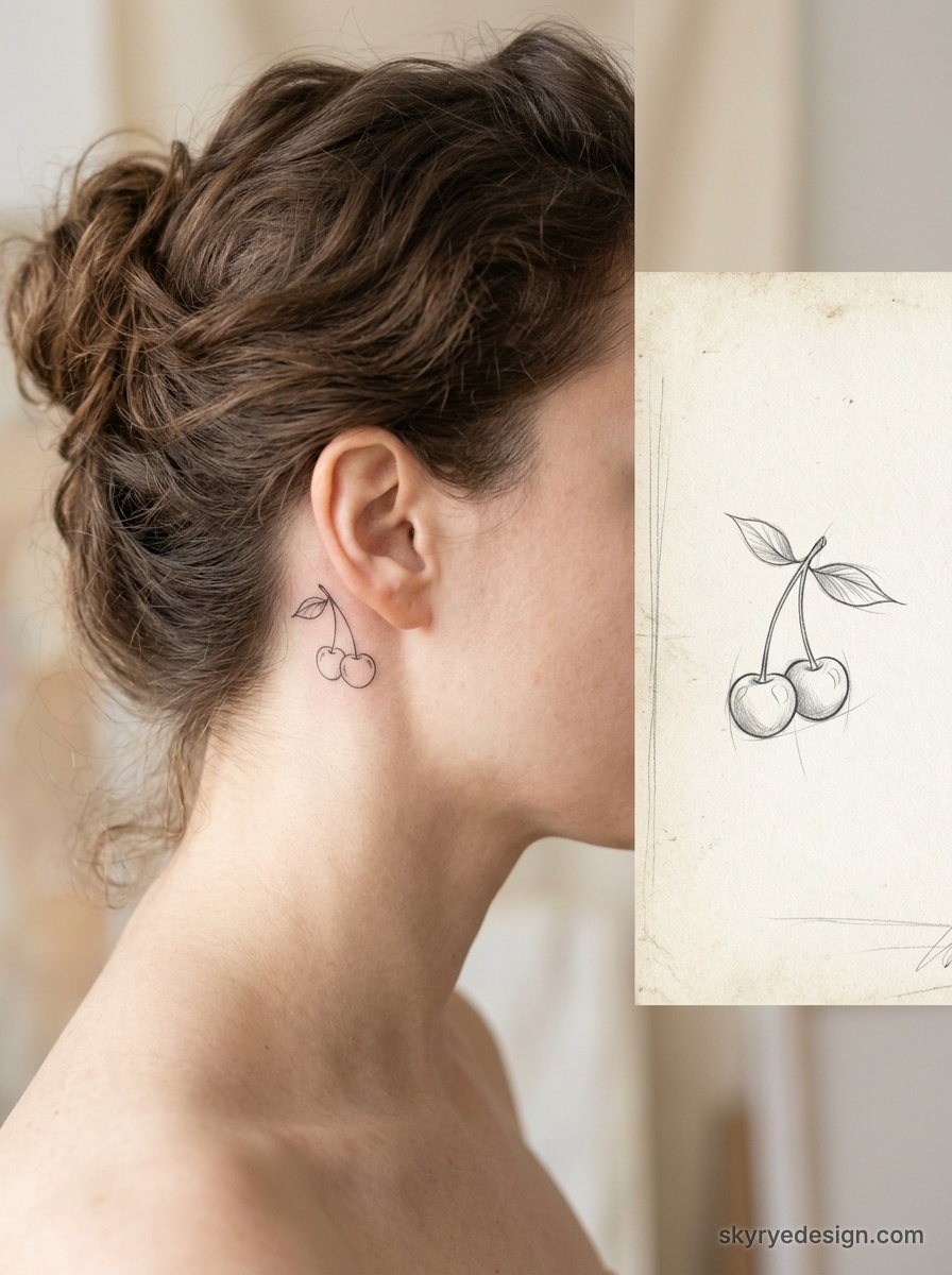 Minimal cherry outline tattoo behind ear on woman’s neck, delicate micro tattoo beside ear with hand-drawn sketch inset
