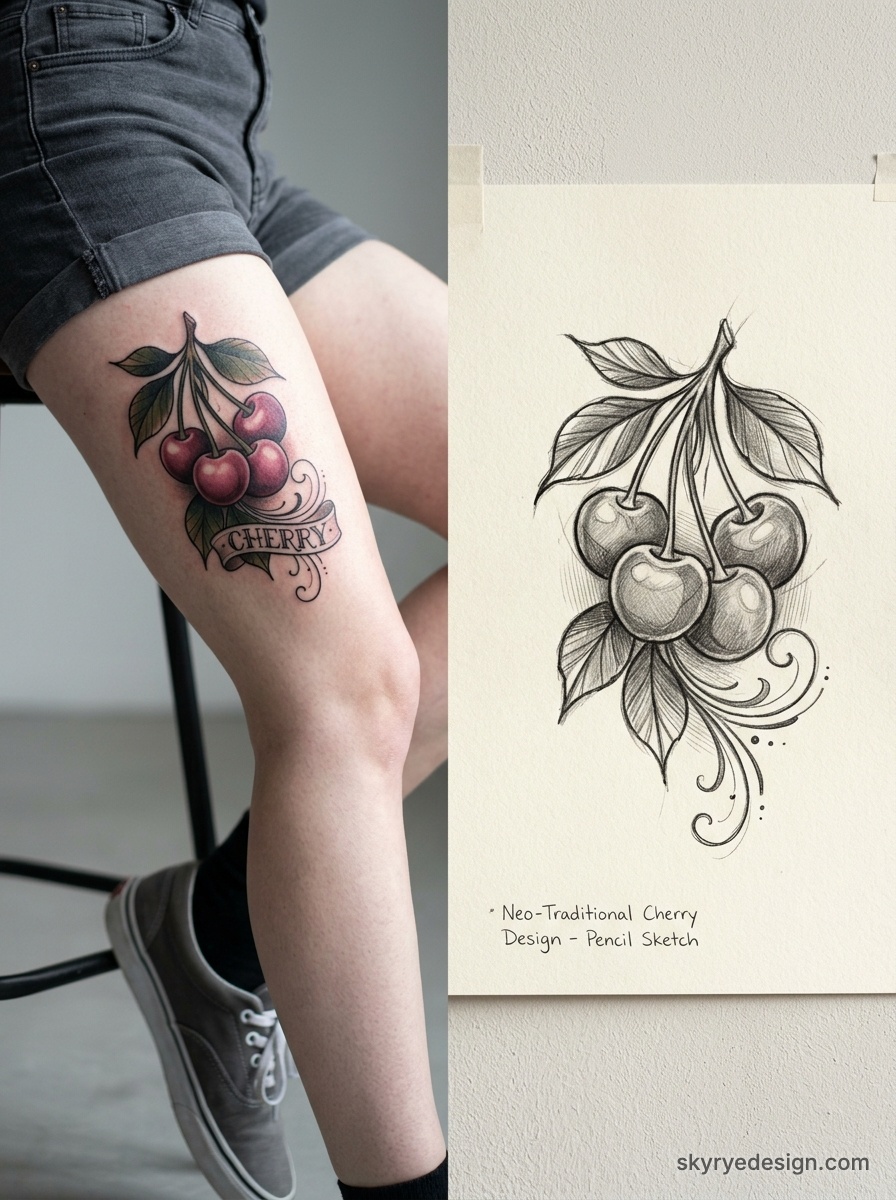 Neo-traditional cherry tattoo on thigh with matching pencil sketch design showing cherries, leaves and banner 'CHERRY'
