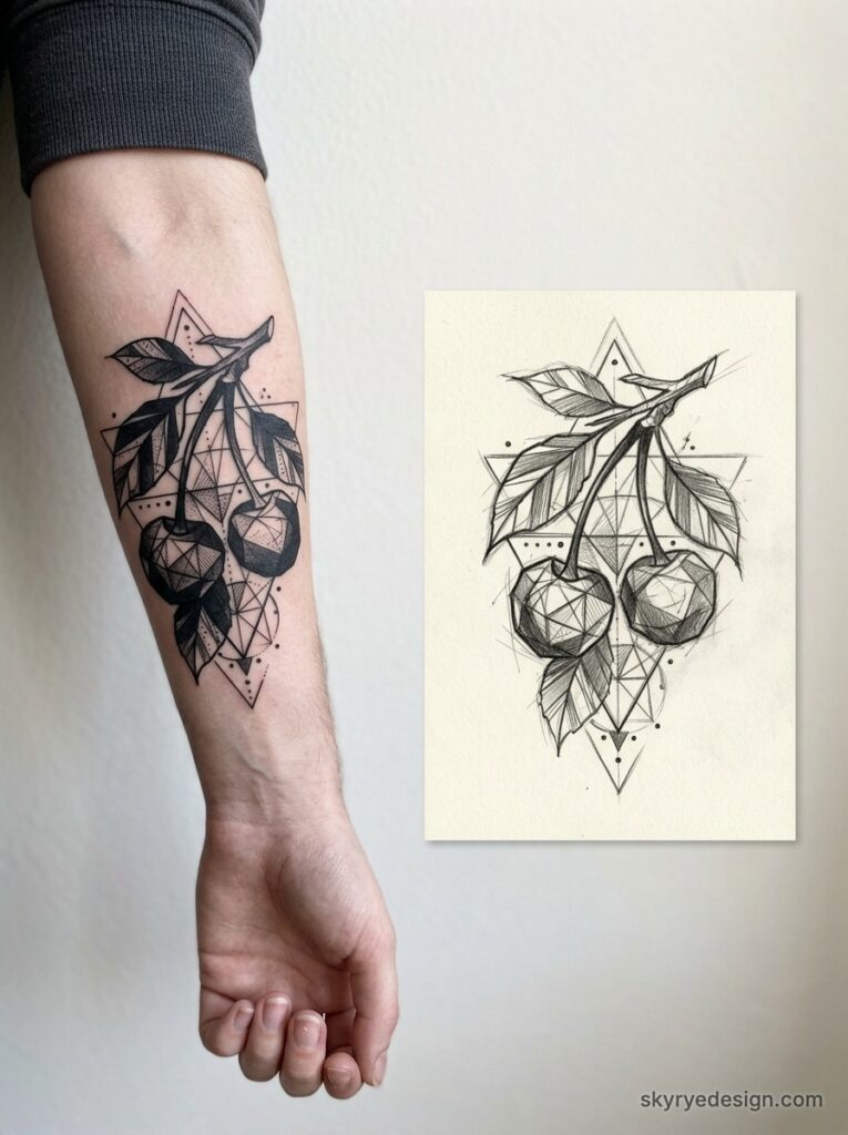 Geometric cherry tattoo on inner forearm with matching sketch design, black linework and dotwork