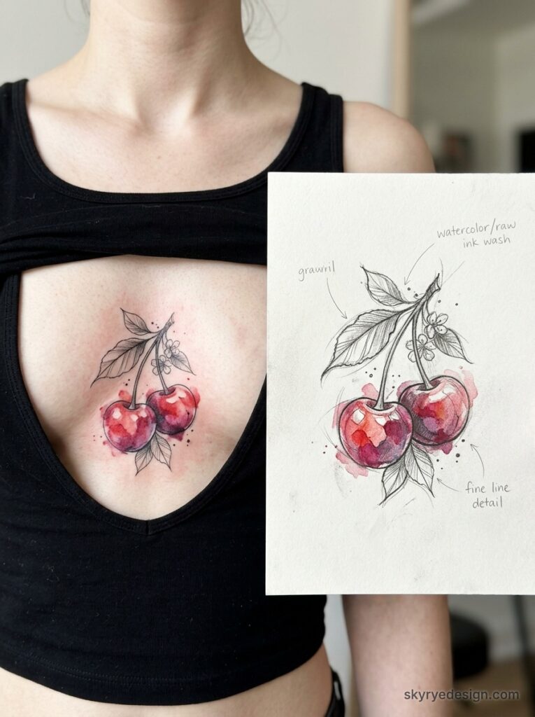 Watercolor cherry tattoo on chest with fine-line botanical sketch, red ink wash and tattoo design reference