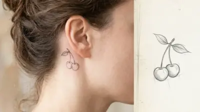 Minimal cherry tattoo behind ear, small sketch-style fine-line twin cherries with leaves