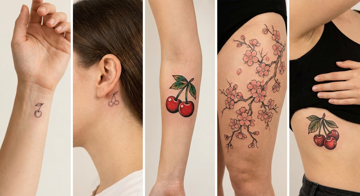 Collection of cherry tattoos: minimalist wrist and ear designs, colorful forearm and rib cherries, large floral thigh piece